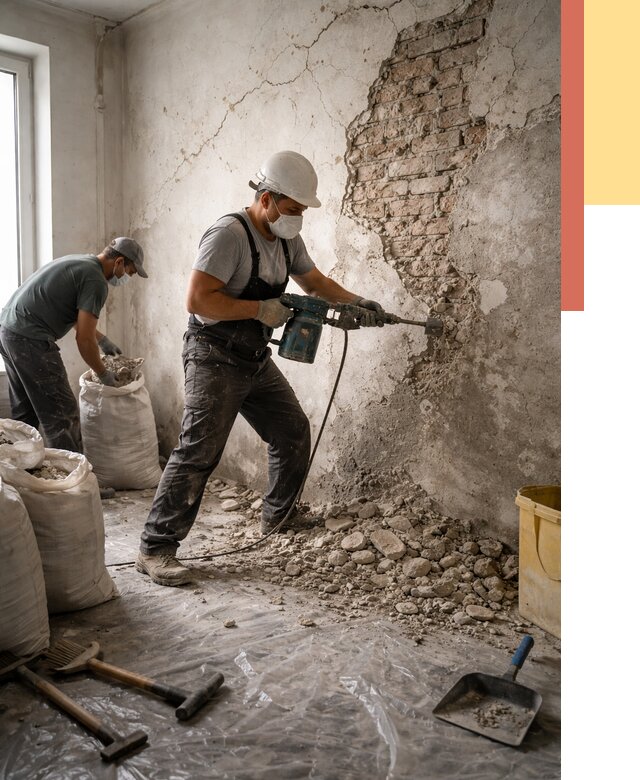 Демонтаж штукатурки со стен в Назрани от 7396 руб/м² — быстро и недорого | ОТДЕЛОЧНИК-Нзр