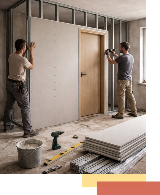 Перегородка из гипсокартона с дверью под ключ в Назрани