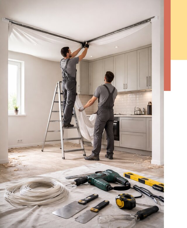 Установка натяжного потолка на кухне в Назрани от 2465 руб. | ОТДЕЛОЧНИК-Нзр